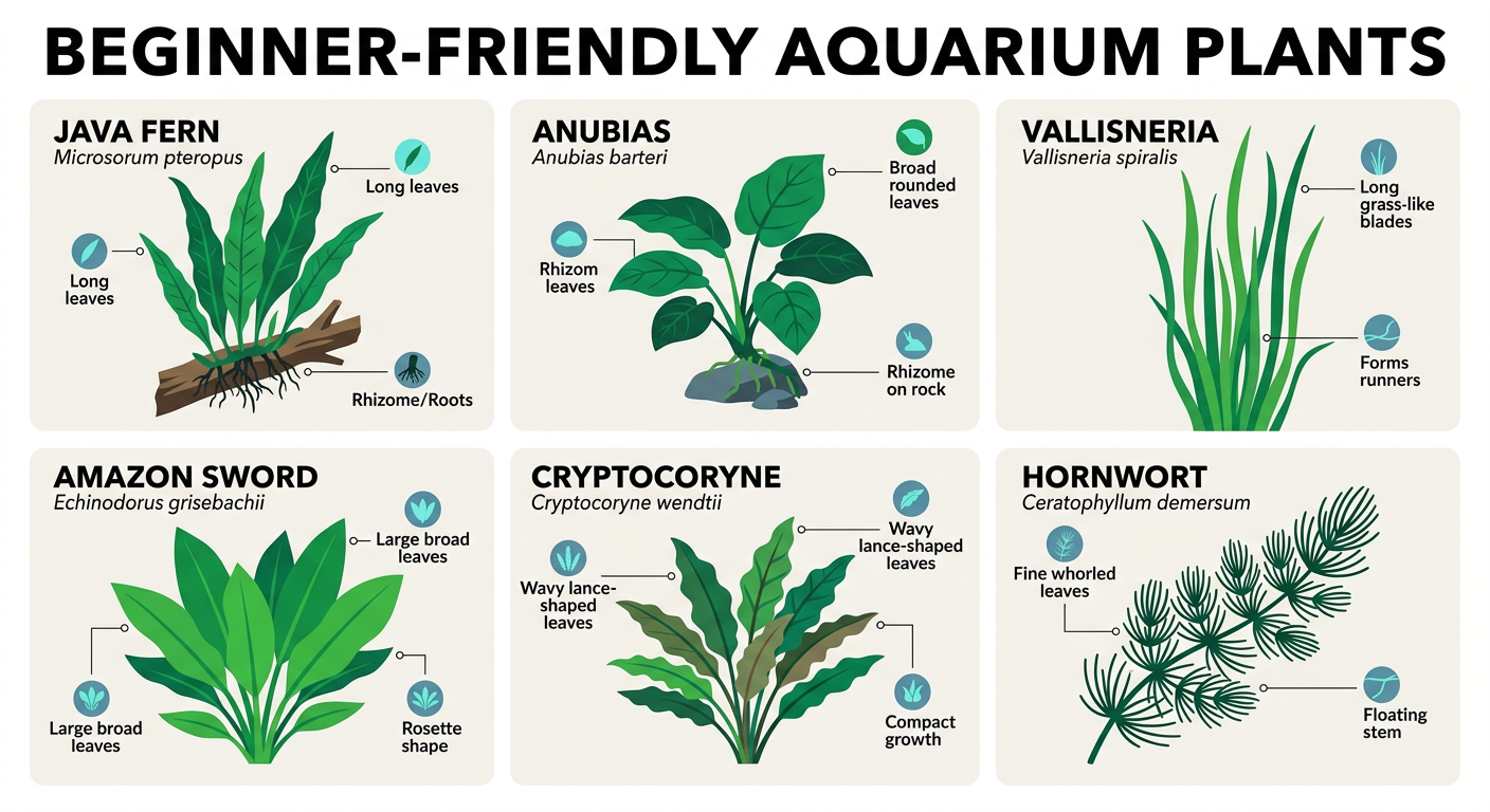 Botanical illustration of six beginner aquarium plants: Java Fern, Anubias, Vallisneria, Amazon Sword, Cryptocoryne, and Hornwort
