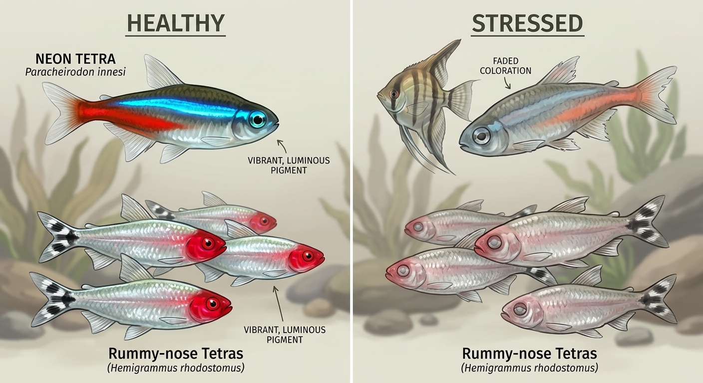 Comparison illustration of healthy brightly colored fish versus stressed fish showing faded stripes, pale nose, and dark stress bars