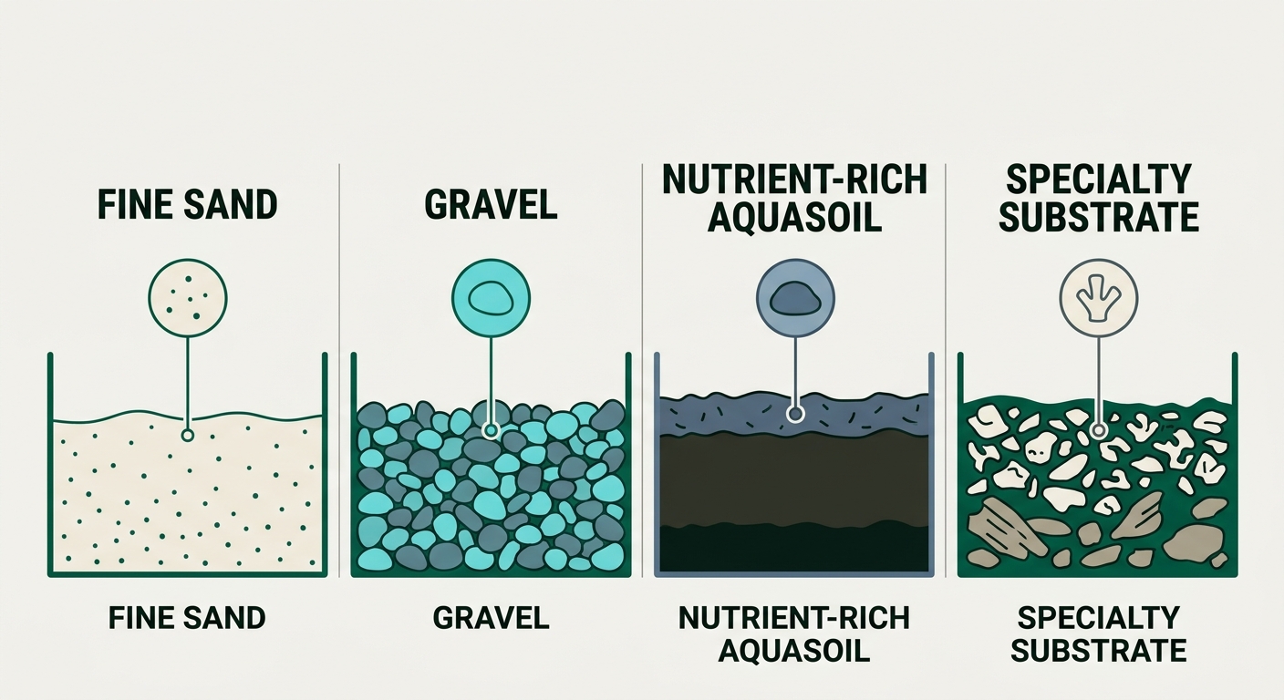 Cross-section diagram comparing sand, gravel, aquasoil, and specialty substrate types showing grain size and layering