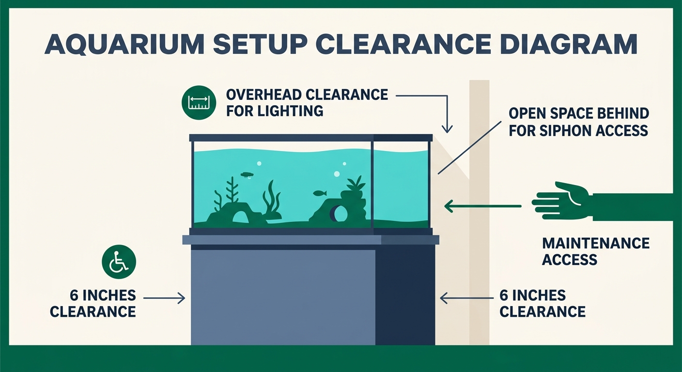 Illustration showing proper aquarium placement with 6-inch side clearance, overhead room for lights, and back access for maintenance