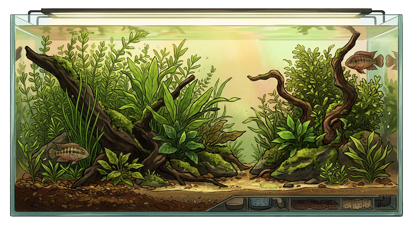 Cross-section of a planted aquarium with dense vegetation and driftwood creating visual barriers between territorial fish