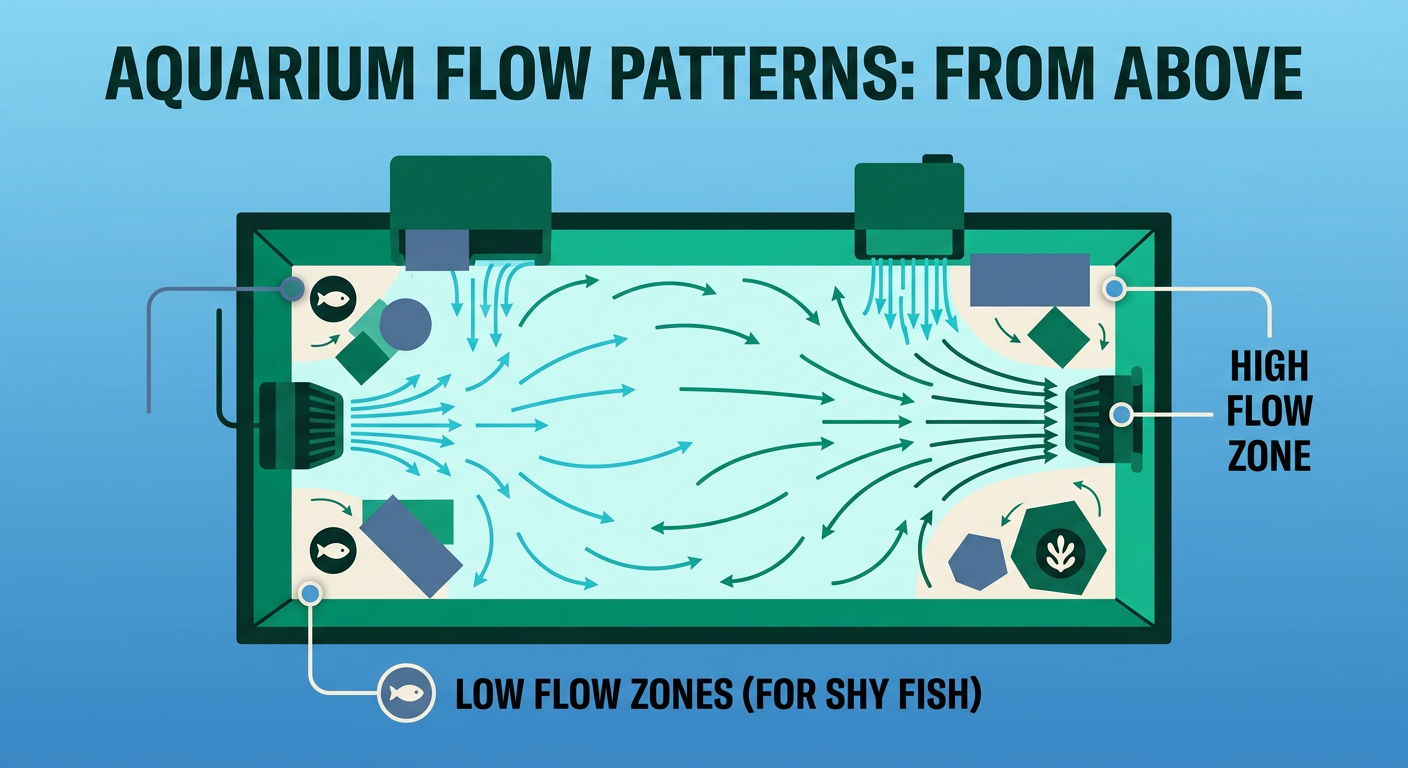 Illustration showing water flow patterns in aquarium with dead spots and different flow zones for various fish preferences