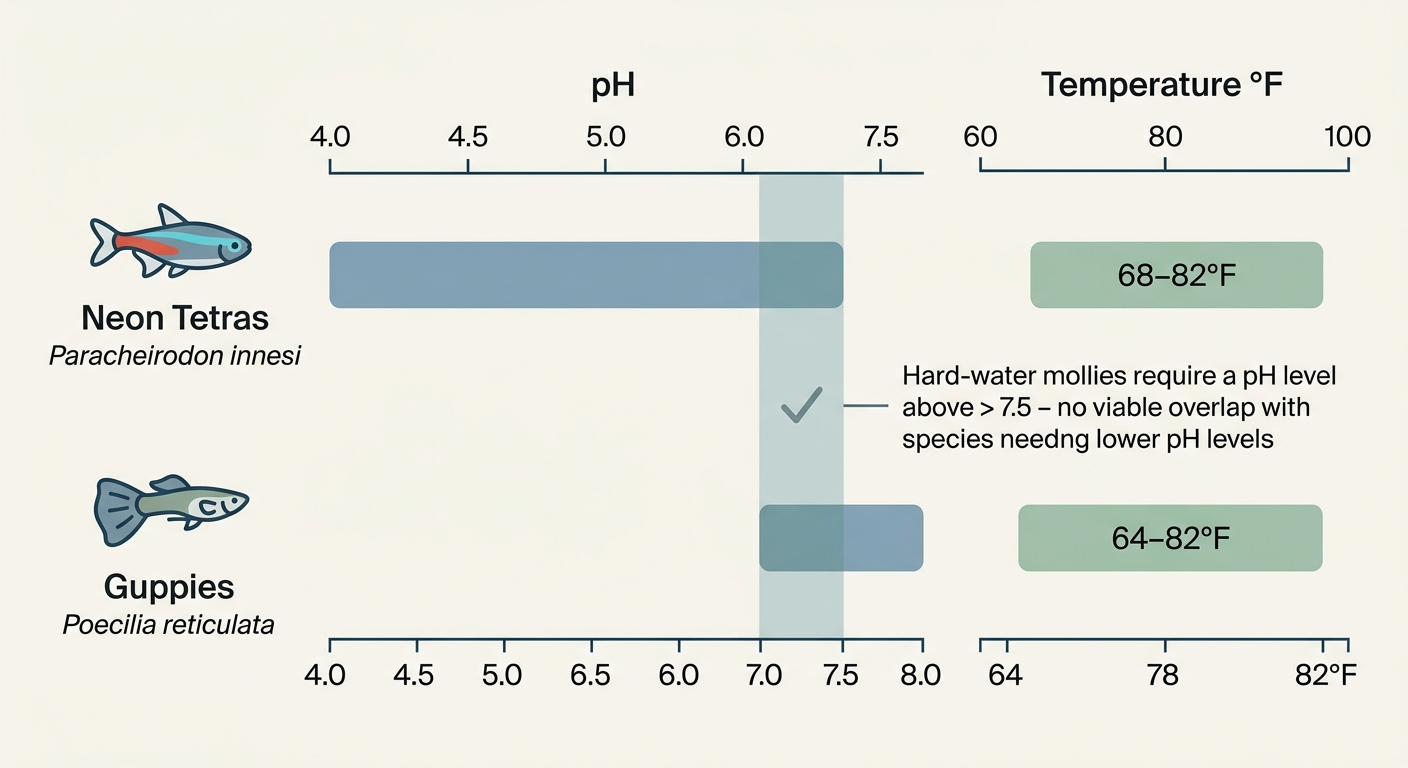 Horizontal range chart comparing pH and temperature preferences of neon tetras and guppies with the small overlap zone highlighted
