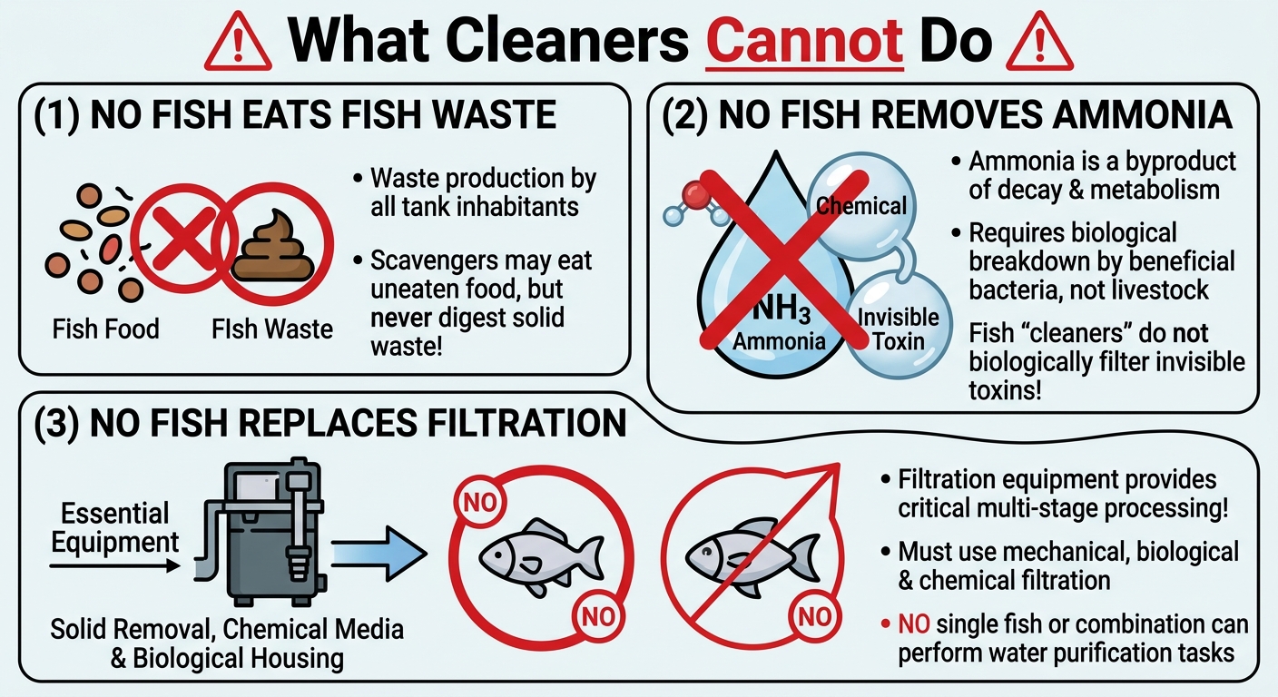 Diagram showing three things cleaner fish cannot do: eat fish waste, remove ammonia, or replace filtration